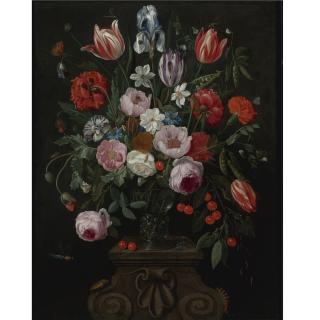 Jan van Kessel the Elder - Still Life Of Tulips, Roses, A Whitish Iris, Cherries, Peas And Other Flowers In A Roemer Surrounded By Numerous Insects On A Carved Stone Plinth
