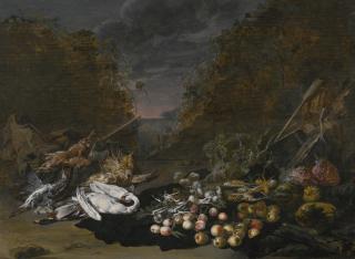 Jan Van Kessel, The Younger - A Still Life Of A Swan And Other Birds, With Rabbits, Fruit And Vegetables And A Landscape Beyond