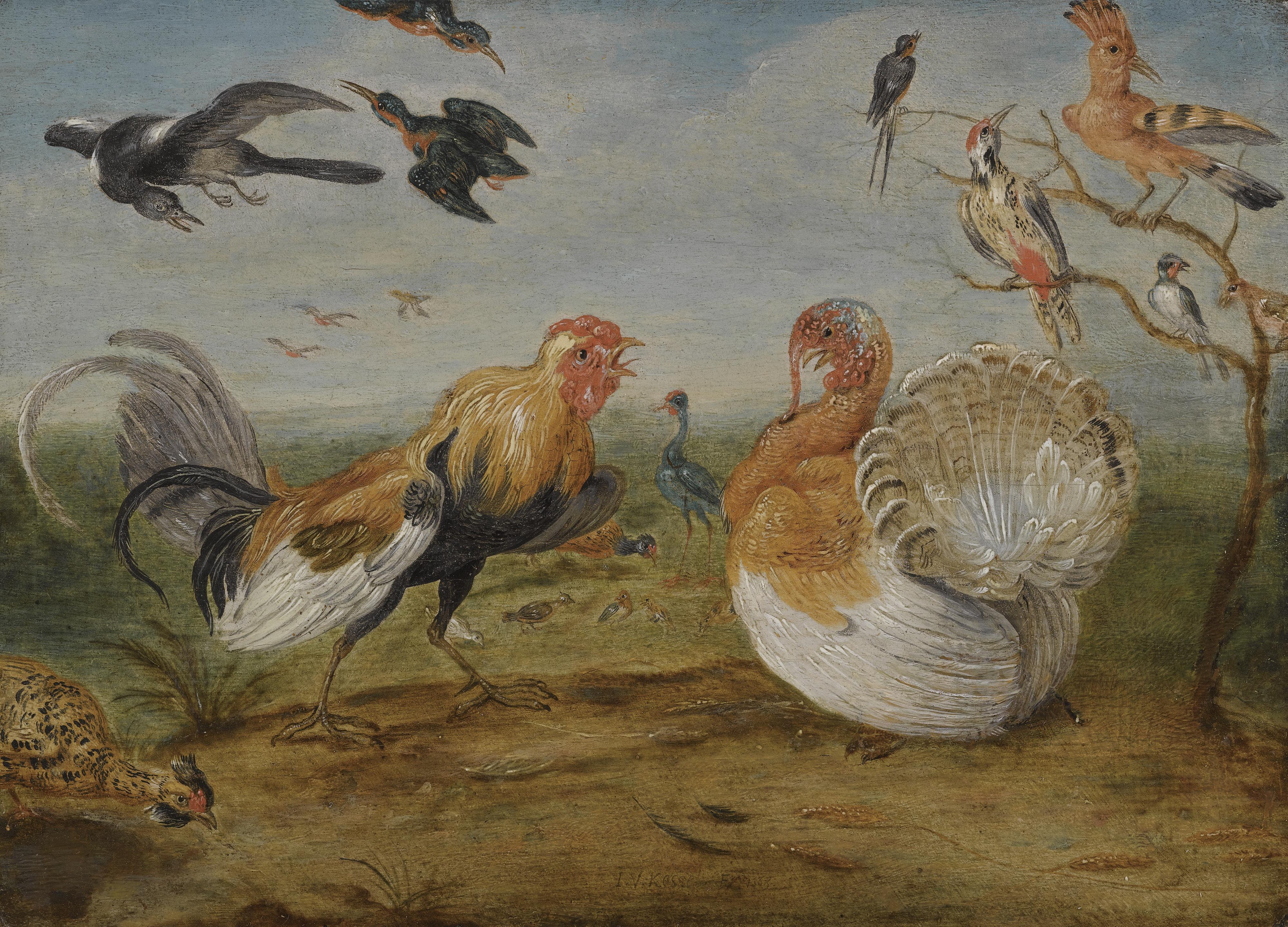 Jan Van Kessel - A Landscape With A Cockerel And A Turkey Squabbling, And Other Fowl