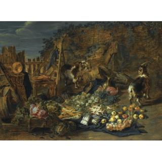 Jan van Kessel - A Still Life Of Cabbages, Carrots, Asparagus, Onions, Pears And Apples Outside A Ruined Barn, Together With Two Goats And Three Rabbits