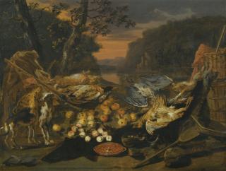 Jan Van Kessel - A Still Life With Game, Hunting Gear And Two Dogs