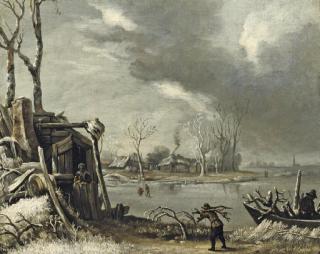 Jan Van Kessel - A winter landscape with a faggot-gatherer