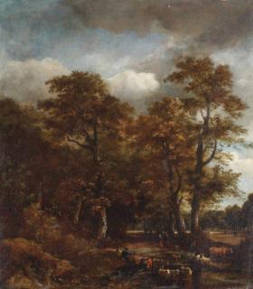 Jan van Kessel - A Wooded Landscape With Cattle Crossing A Stream