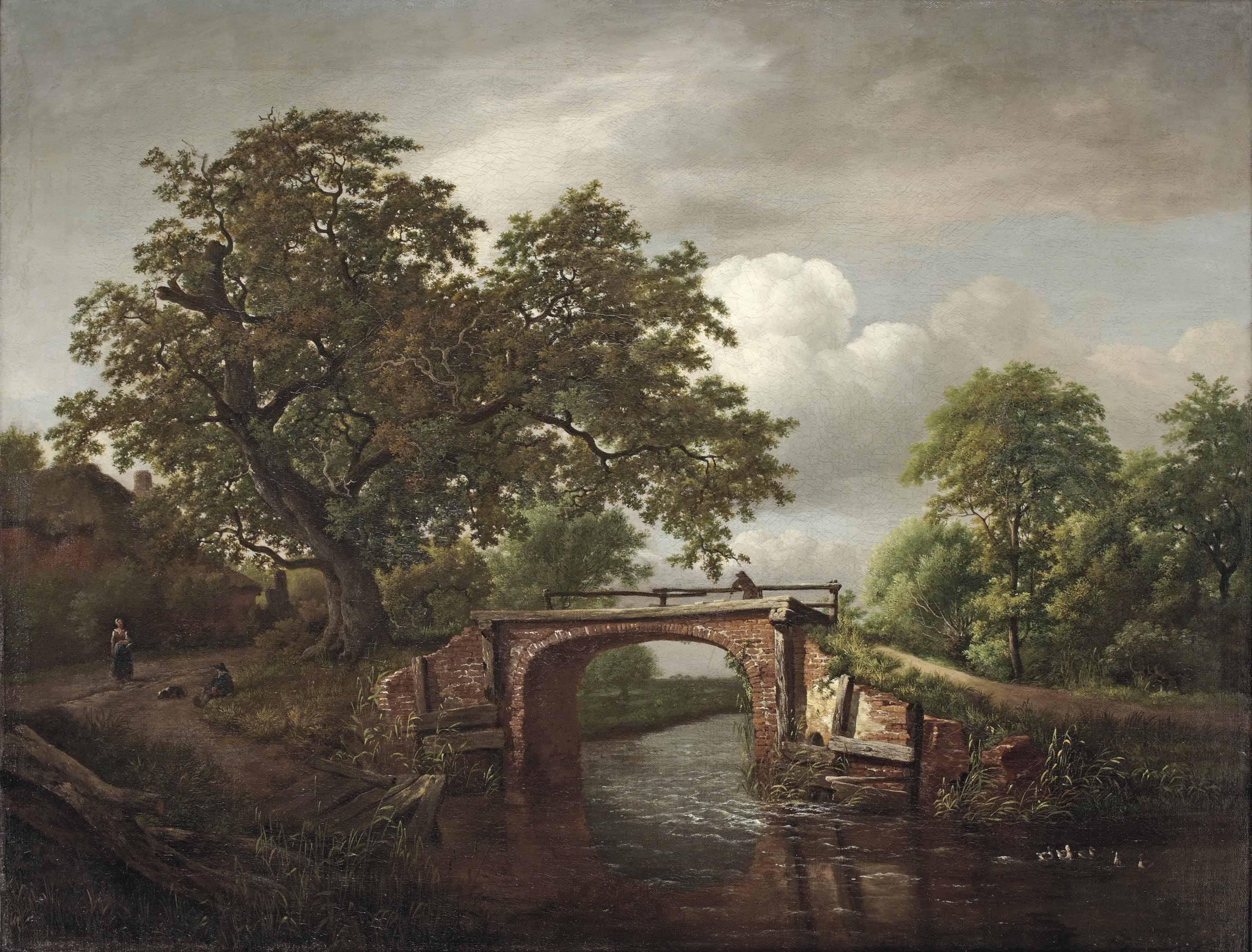 Jan van Kessel - A wooded river landscape with a traveller crossing a stone bridge near an oak tree and a farm house