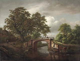 Jan van Kessel - A wooded river landscape with a traveller crossing a stone bridge near an oak tree and a farm house