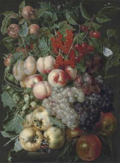 Jan Van Kessel - Grapes, peaches, hazelnuts, quinces, redcurrants and other fruit, with a brimstone butterfly, a bumblebee and other insects on a stone capital