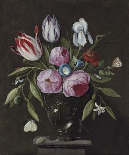 Jan Van Kessel - Roses, tulips, an iris and other flowers, in a glass vase on a stone plinth, with butterflies and other insects