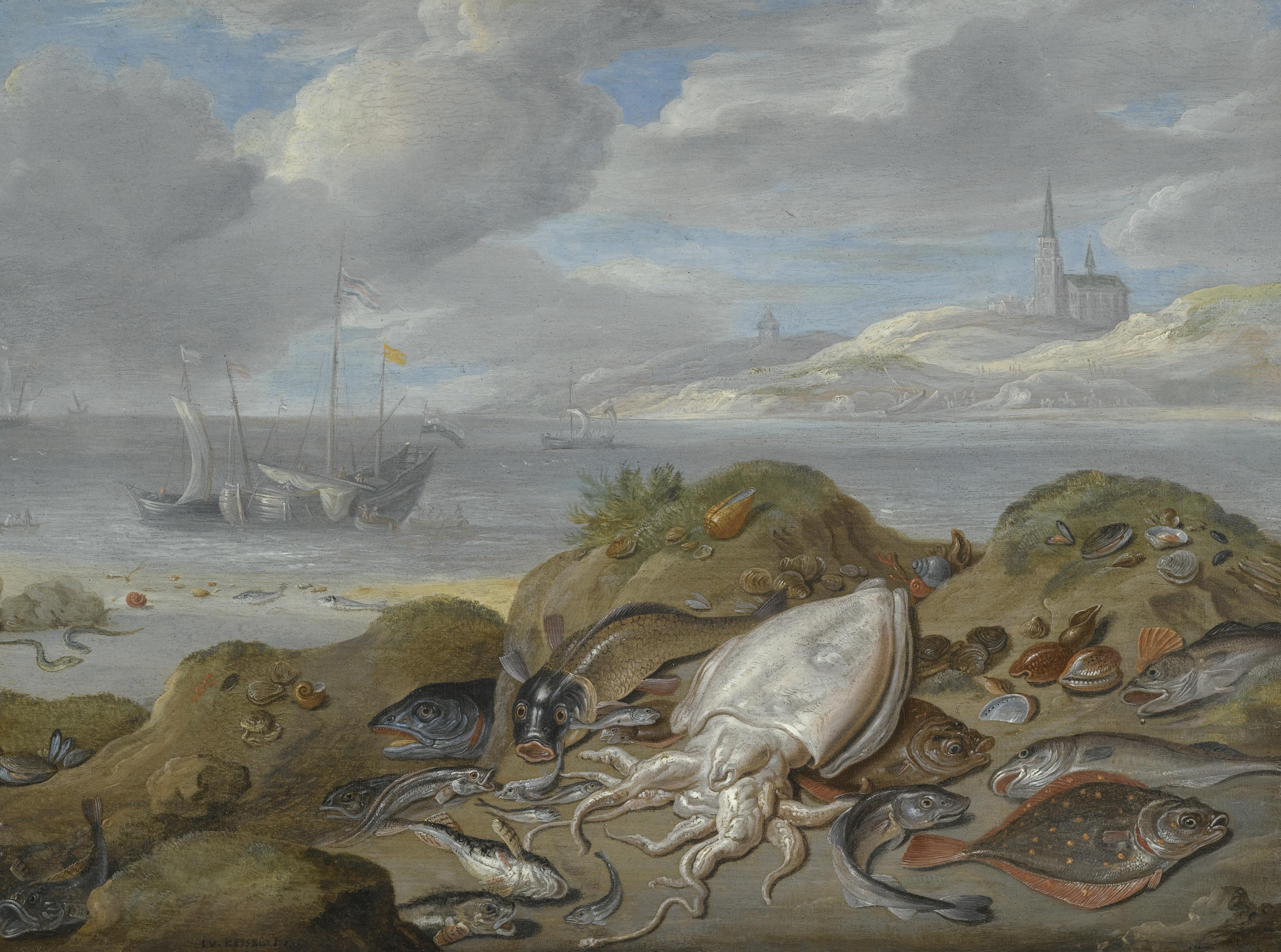 Jan Van Kessel - Still Life With Cuttle Fish, Plaice, Cod, Mussels And Other Fish On A Dune, A Church Across A River Estuary Beyond