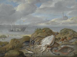 Jan Van Kessel - Still Life With Cuttle Fish, Plaice, Cod, Mussels And Other Fish On A Dune, A Church Across A River Estuary Beyond