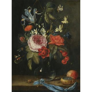 Jan Van Kessel - Still Life With Flowers In A Glass Vase, Together With A Red Admiral Butterfly, A Bee And Other Insects, And A Pocket Watch, A Peach And A Beetle On The Ledge Beneath