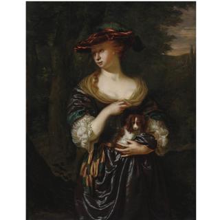 Jan van Mieris - A Woman Holding A Dog In A Landscape