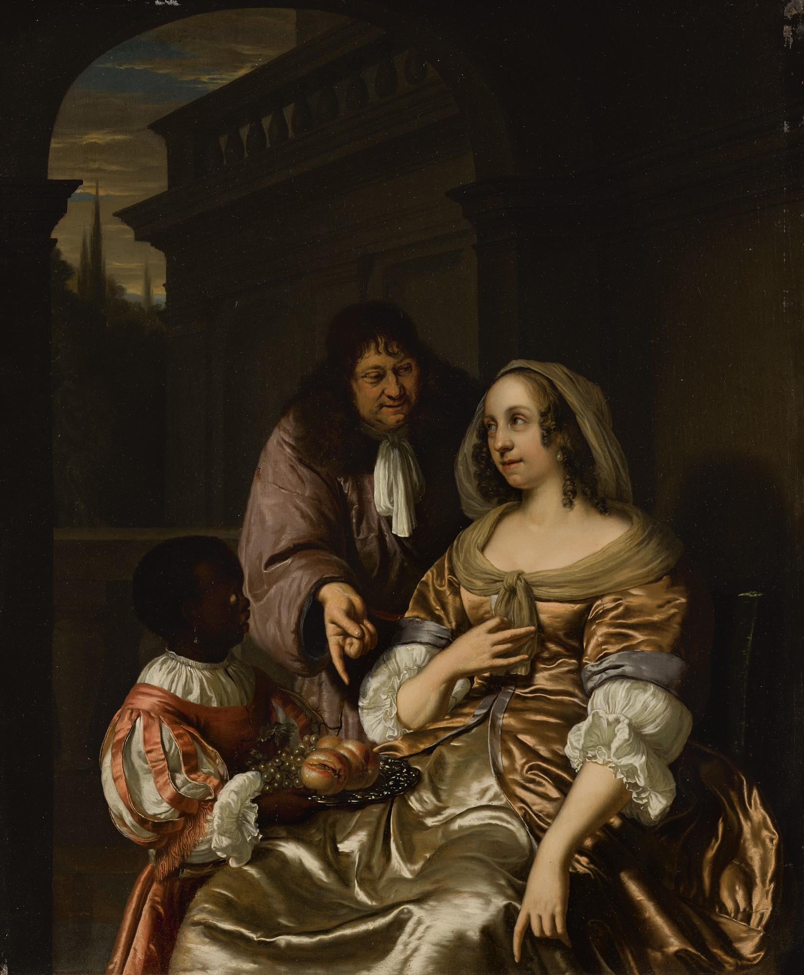 Jan Van Mieris - Man And A Page Offering Fruit To A Seated Woman, In A Courtyard