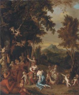 Jan Van Neck - A Bacchanal With Nymphs, Satyrs And Putti Before A Herm