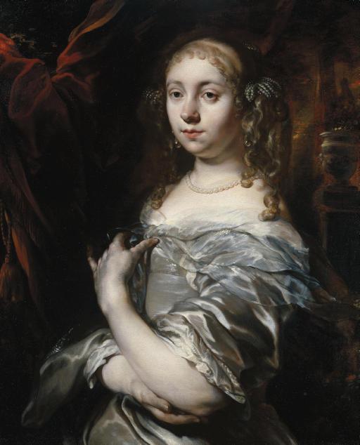 Jan Van Noordt - Portrait of A Lady, Half-Length, Wearing Pearls And A Grey Satin Gown With A Blue Shawl, An Ornamental Garden Beyond