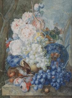 Jan Van Os - A bouquet of peonies with grapes, prunes, and a sparrow in a garden landscape
