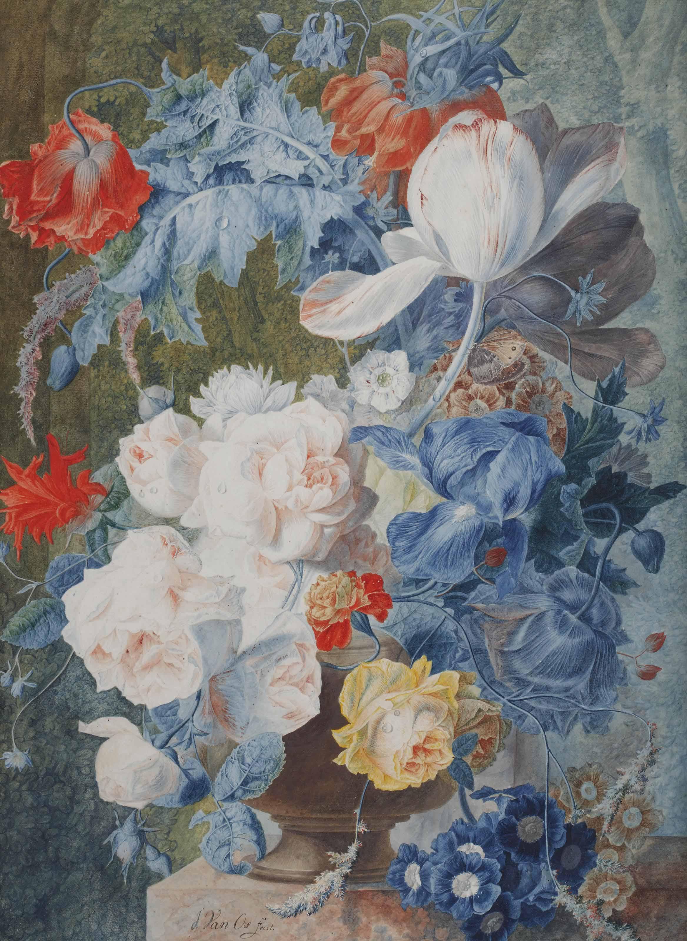 Jan Van Os - A colourful bouquet of roses, poppies, tulips and primroses in a garden landscape