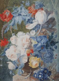 Jan Van Os - A colourful bouquet of roses, poppies, tulips and primroses in a garden landscape