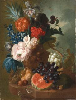 Jan van Os - A peony, an iris, a pineapple, blackberries, narcissi and other flowers in a terracotta vase, with a bird\'s nest, a mouse, a melon, grapes and walnuts on a ledge