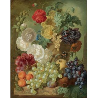 Jan van Os - A Still Life With Hollyhocks, Poppies, An Anemone, Other Flowers And White-Currants In A Terracotta Vase, With Apricots, White And Black Grapes, Pomegranates And A Plum, All Arranged On A Marble Ledge