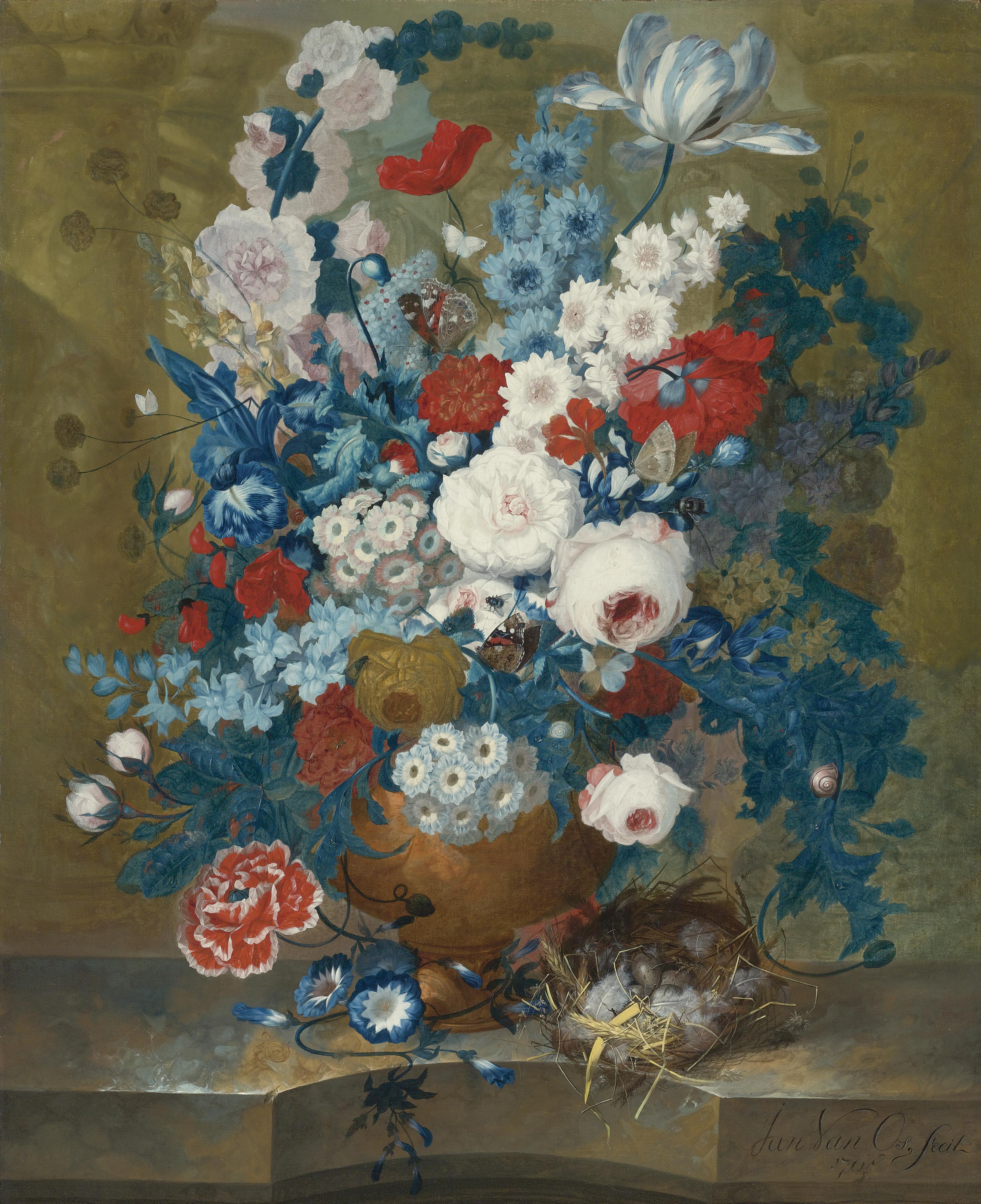 Jan Van Os - Flower Still Life With A Birds\' Nest On A Ledge