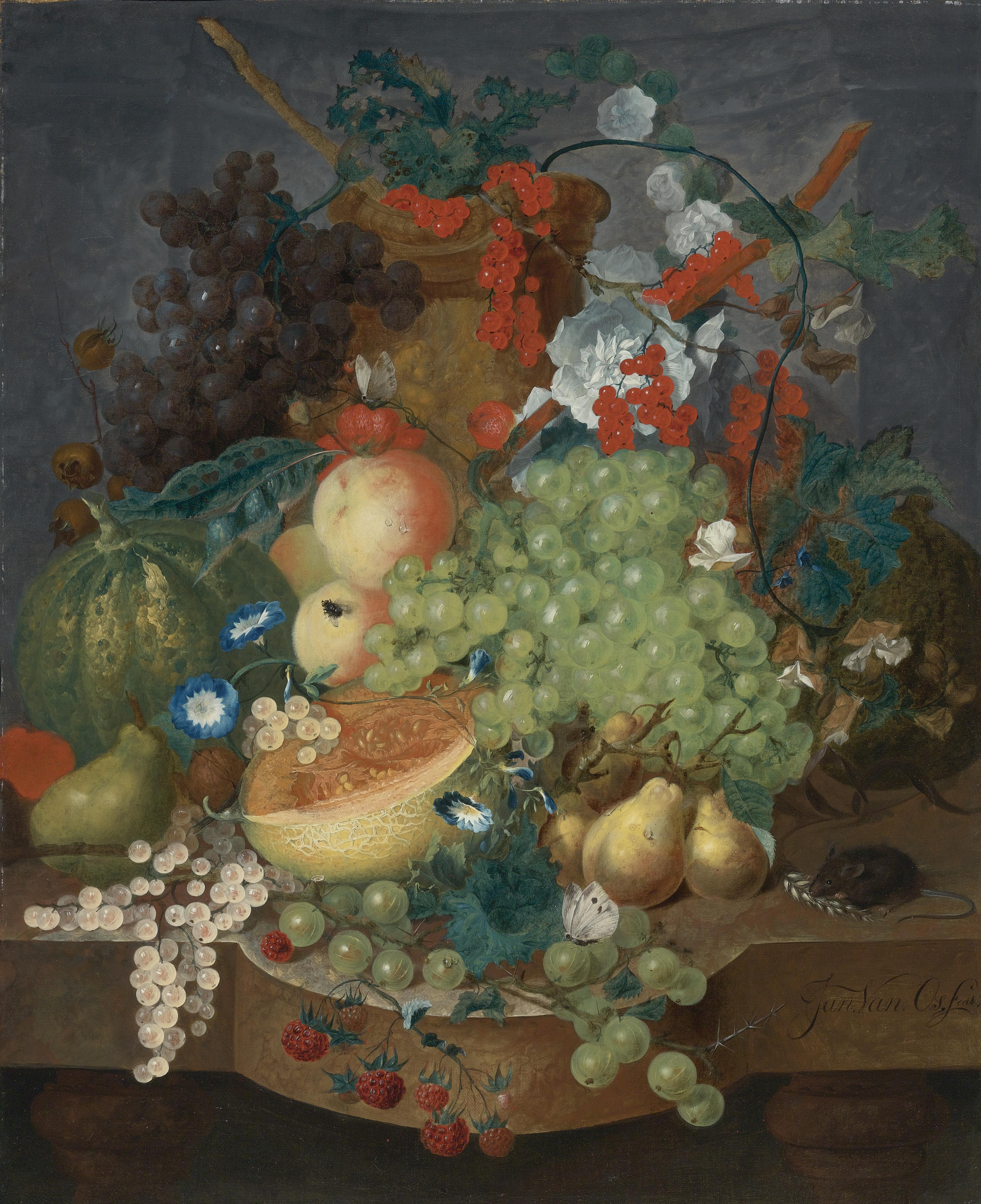 Jan Van Os - Fruit Still Life With A Mouse On A Ledge