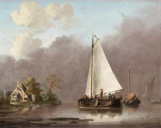 Jan van Os - Holländskt flodlandskap med figurer och båtar