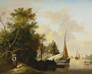 Jan Van Os - Peasants Unloading Cargo And Mother And Child By A River; A Pair Of Paintings