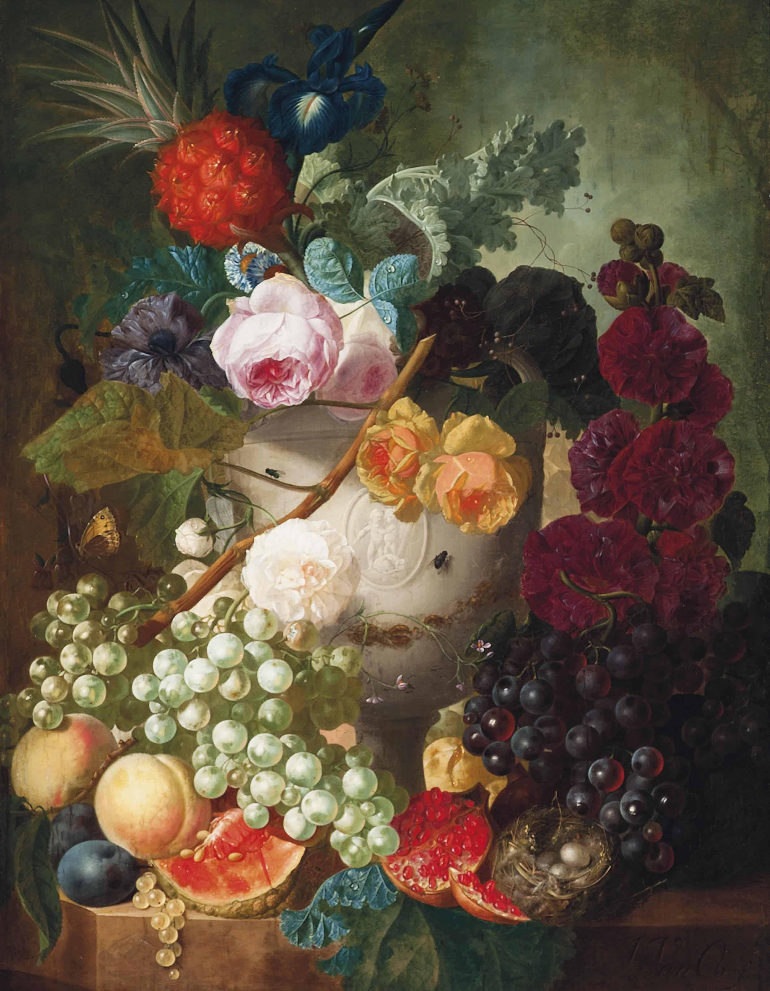 Jan Van Os - Peonies, roses, an iris and other flowers in a vase with putti, with a bird\'s nest and peaches, a pineapple, a pomegranate, grapes and other fruit on a stone ledge