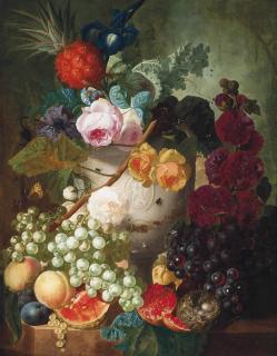 Jan Van Os - Peonies, roses, an iris and other flowers in a vase with putti, with a bird\'s nest and peaches, a pineapple, a pomegranate, grapes and other fruit on a stone ledge