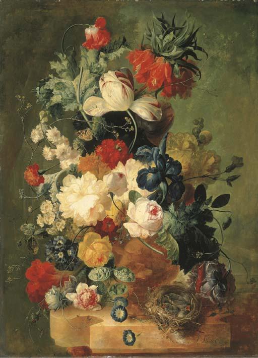 Jan Van Os - Pink and yellow roses, peonies, an iris, tulips, primulas, hyacinths, a poppy, a coxcomb, fritillaries and other flowers in a sculpted urn with a bird\'s nest on a marble ledge