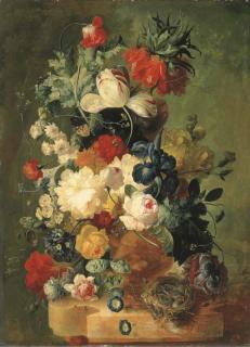 Jan Van Os - Pink and yellow roses, peonies, an iris, tulips, primulas, hyacinths, a poppy, a coxcomb, fritillaries and other flowers in a sculpted urn with a bird\'s nest on a marble ledge