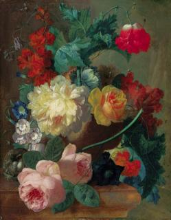 Jan Van Os - Roses, a poppy, bougainvillea, peonies, morning glory, primulas and a coxcomb in a terracotta vase with a bird\'s nest on a marble ledge, a landscape beyond