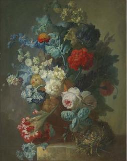 Jan van Os - Roses, cineria, cockscombe, auricula, hops, hollyhocks, narcissi, helichrysum, geum and a carnation in a sculpted vase with chicks in a nest on a marble ledge