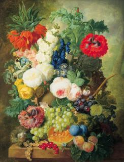 Jan van Os - Roses, poppies, a crown imperial lily and other flowers in a terracotta vase, with grapes, plums, a melon and a birds\' nest on a stone ledge