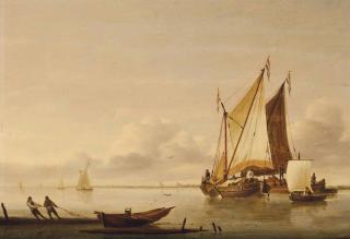 Jan Van Os - Shipping In Calm Waters With Fishermen Pulling In A Boat