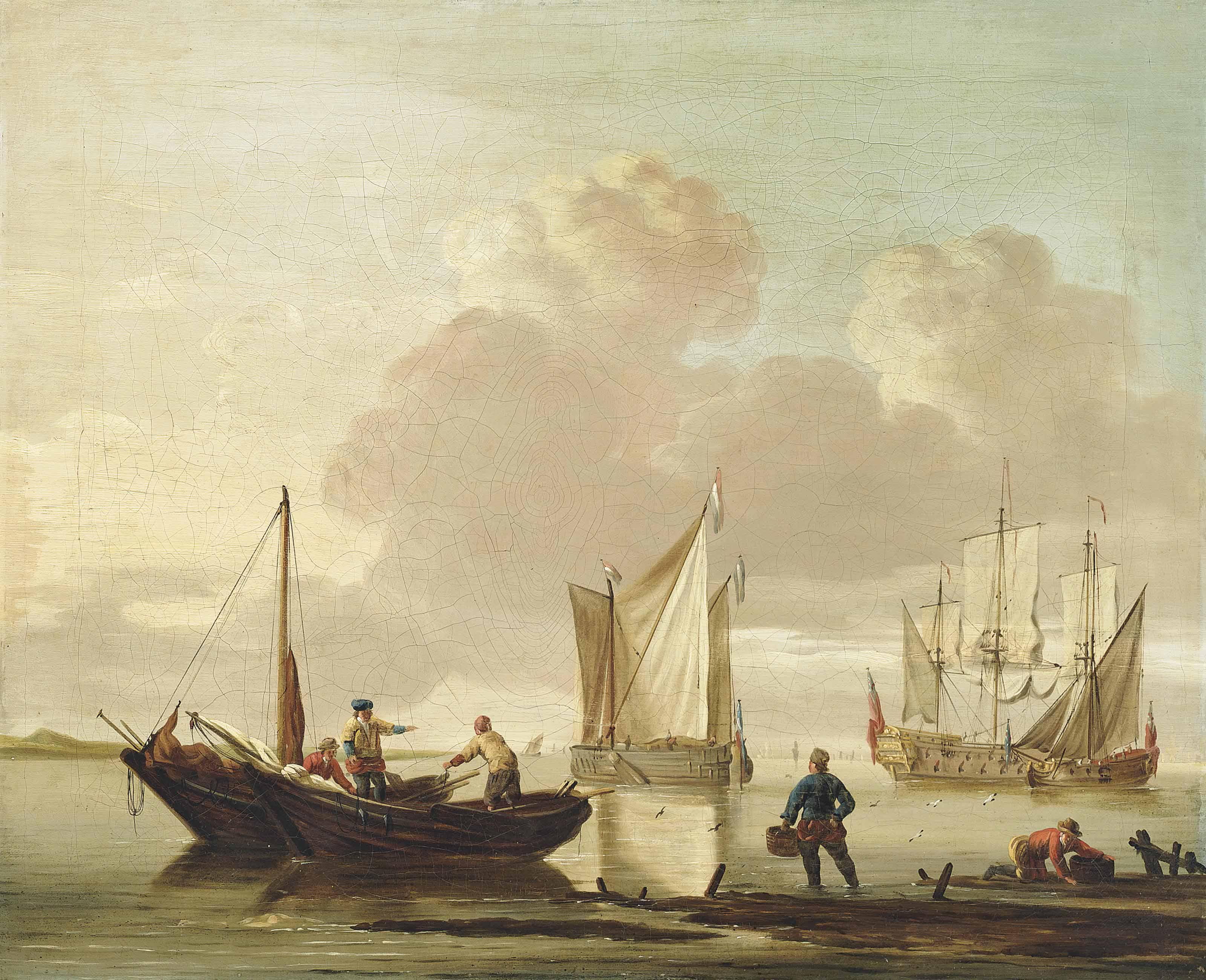 Jan Van Os - Shipping in calm waters with fishermen unloading their catch