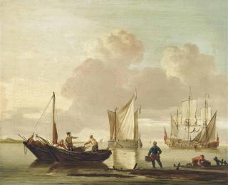 Jan Van Os - Shipping in calm waters with fishermen unloading their catch