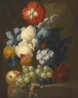 Jan Van Os - Still Life Of Roses, Morning Glory, A Poppy And Other Flowers With A Bunch Of Grapes On A Ledge, Buildings In The Distance