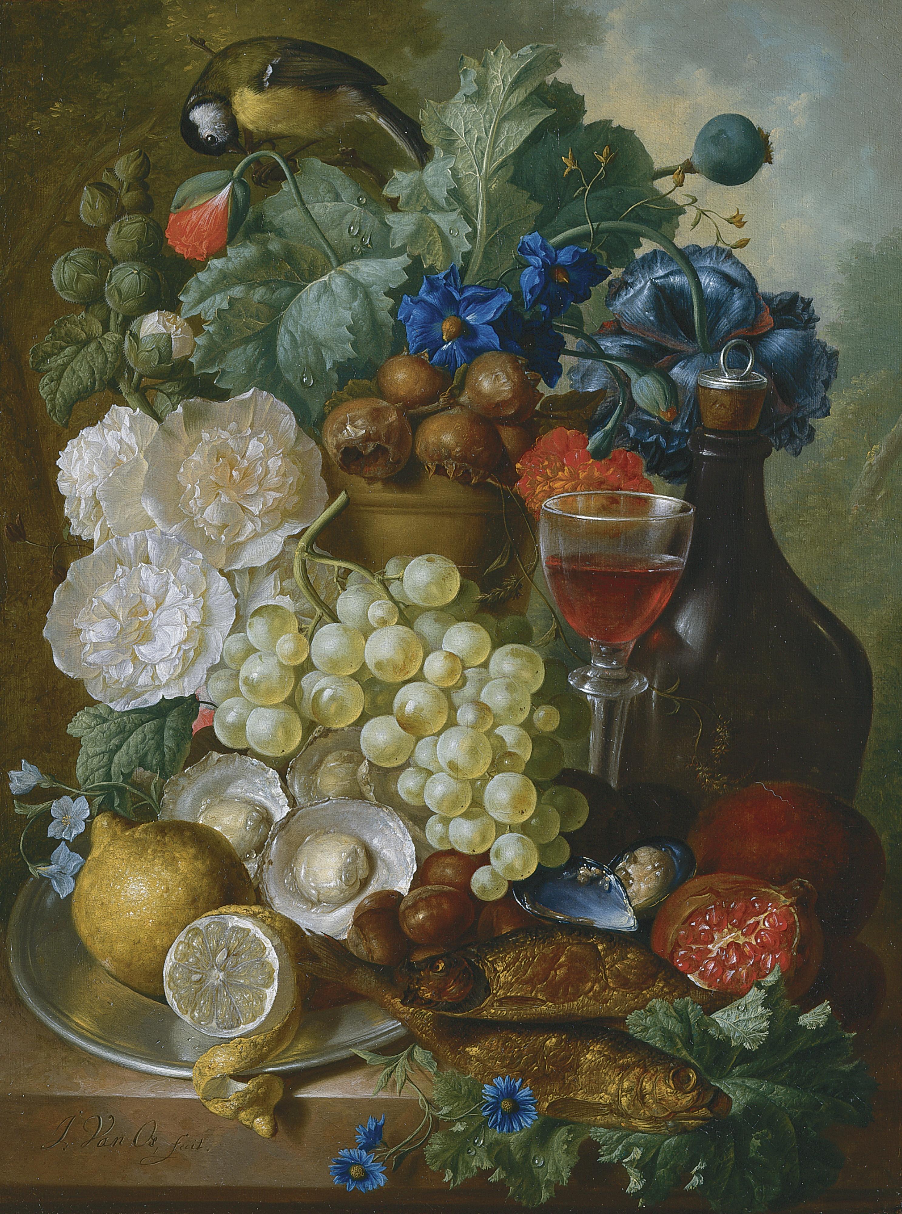 Jan Van Os - Still Life With Fruit And Flowers, Together With Oysters, Mussels, A Glass Of Wine, A Decanter And Other Objects On A Stone Ledge, A Landscape Beyond