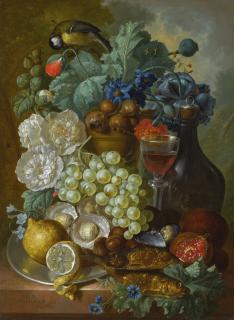 Jan van Os - Still Life With Fruit And Flowers, Together With Oysters, Mussels, Smoked Herring, A Glass Of Wine And A Decanter  