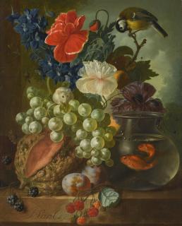 Jan van Os - Still Life With Grapes, Melon, Plums, A White Mouse, Blue Tit And Two Goldfish In A Glass Bowl
