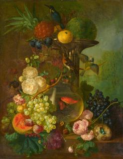 Jan van Os - Stillleben mit einem Goldfischglas, Vogelnestern, Früchten und Blumen auf einem Steinsockel