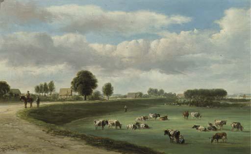 Jan Van Ravenswaay - A panoramic view of a river landscape with cows in the forelands