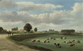 Jan Van Ravenswaay - A panoramic view of a river landscape with cows in the forelands