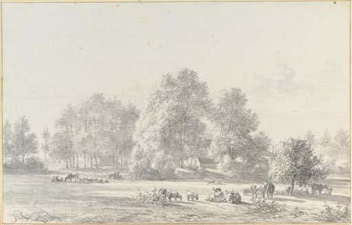 Jan van Ravenswaay - A Wooded Landscape With Cattle And Sheep In A Meadow Near A Farmhouse