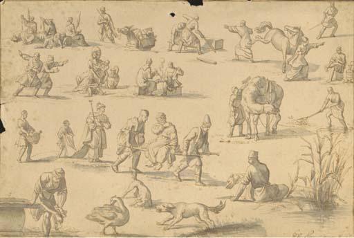 Jan van Ravenswaay - Studies of Orientals Spinning Wool, Smoking, Horse Coping, Fishing, Washing And In Other Postures
