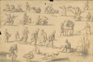 Jan van Ravenswaay - Studies of Orientals Spinning Wool, Smoking, Horse Coping, Fishing, Washing And In Other Postures