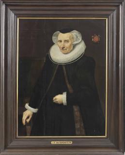 Jan van Ravesteyn - Portrait of Vincentia van der Does (1543-1628), three-quarter-length, in a black gown with a fur-lined \'tabbaard\', lace ruff and cap