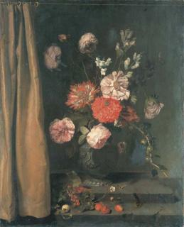 Jan van Rossum - Bouquet de Fleurs Sur Un Rebord En Pierre Derrière Un Rideau