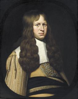 Jan Van Rossum - Portrait of an officer, half-length, in a yellow costume and gold embroidered sash, in a painted oval